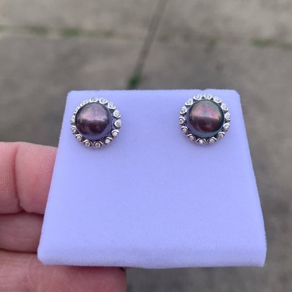 Jewelry - Genuine 8.5mm Peacock Pearl Halo Earring Stud Sterling Silver Simulated Diamond